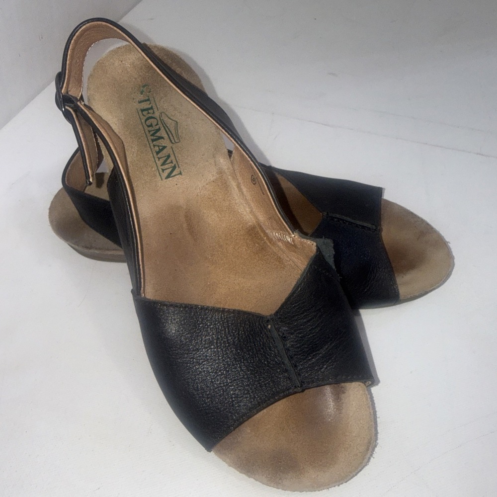 Stegmann Louisa Black Leather Slingback Comfort Criss Cross Sandals Women's Sz 9